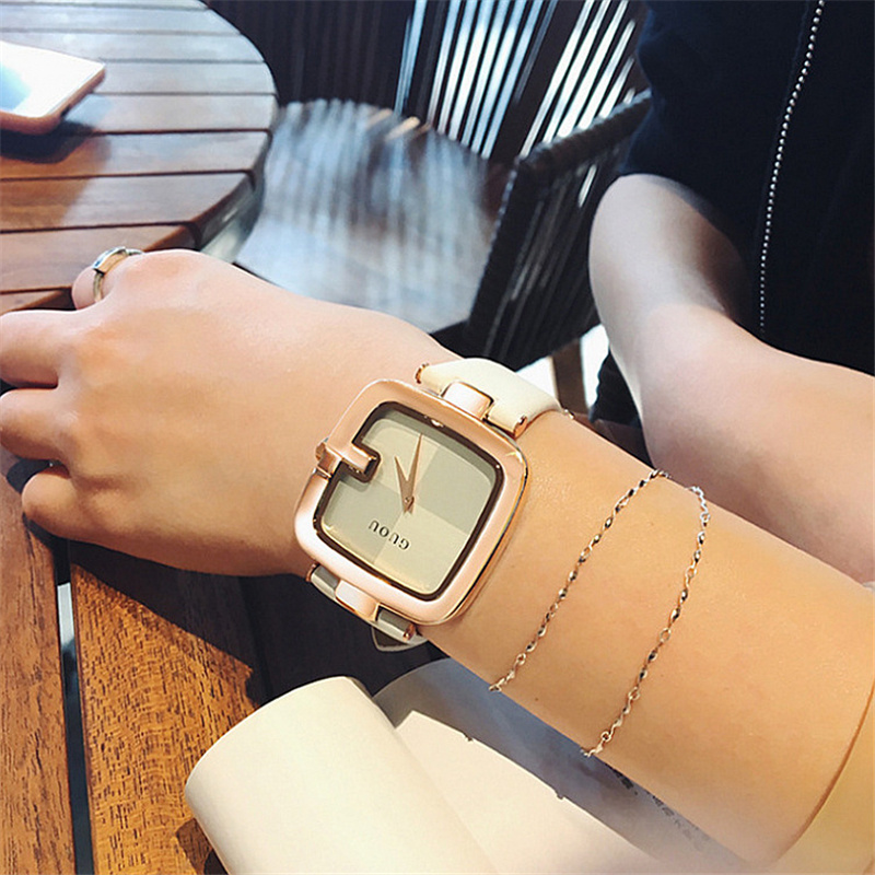 GUOU 9190 Women's Watch 2019 Square Fashion Luxury Ladies Bracelet Watches For Women Leather Strap Clock