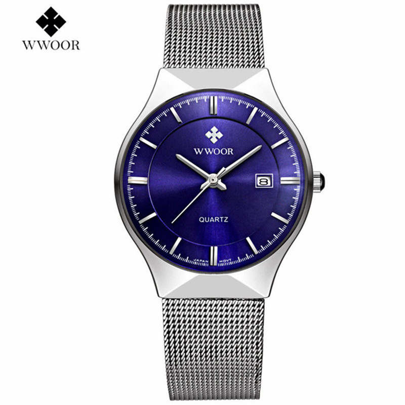 WWOOR Men Watches 8016 luxury brand watch men Fashion sports quartz-watch stainless steel mesh strap ultra thin dial date clock