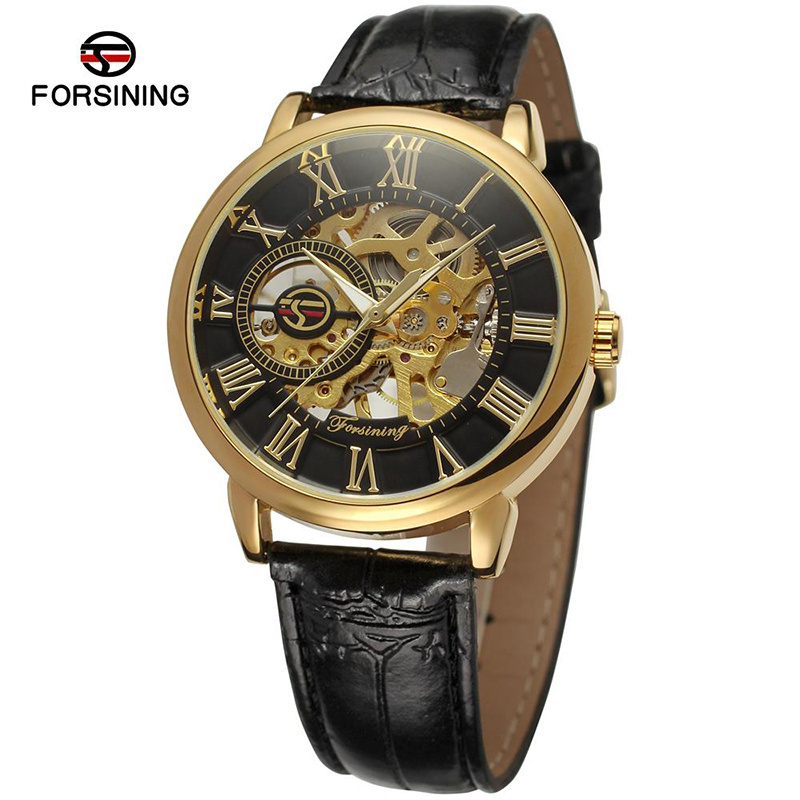 Forsining 8099 automatic watches Design Transparent Genuine Red Black Belt Top Brand Luxury Clock Skeleton Men Automatic Watches