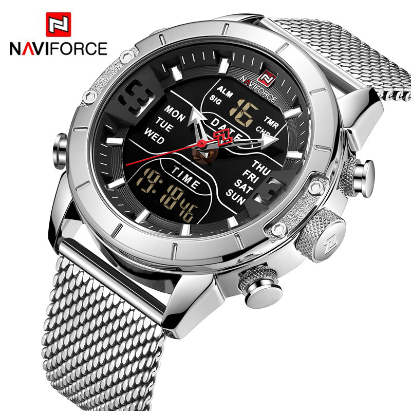 Naviforce 9153 Watches Men Luxury new Stainless Steel Mesh men wristwatch Waterproof Digital Quartz Sports Watches