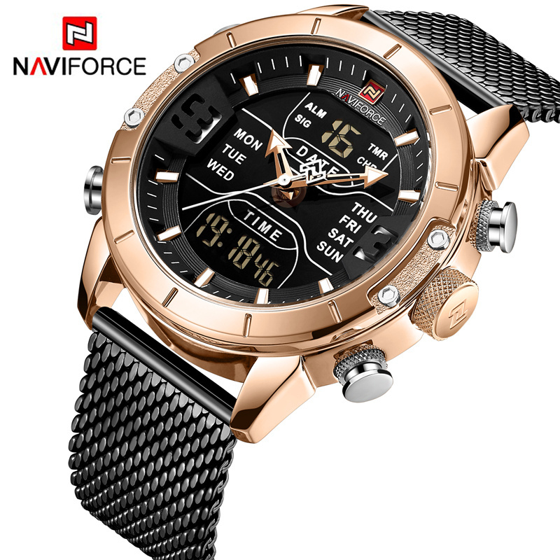 Naviforce 9153 Watches Men Luxury new Stainless Steel Mesh men wristwatch Waterproof Digital Quartz Sports Watches