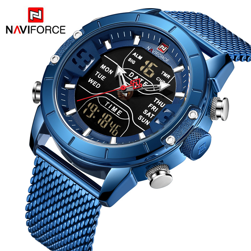 Naviforce 9153 Watches Men Luxury new Stainless Steel Mesh men wristwatch Waterproof Digital Quartz Sports Watches