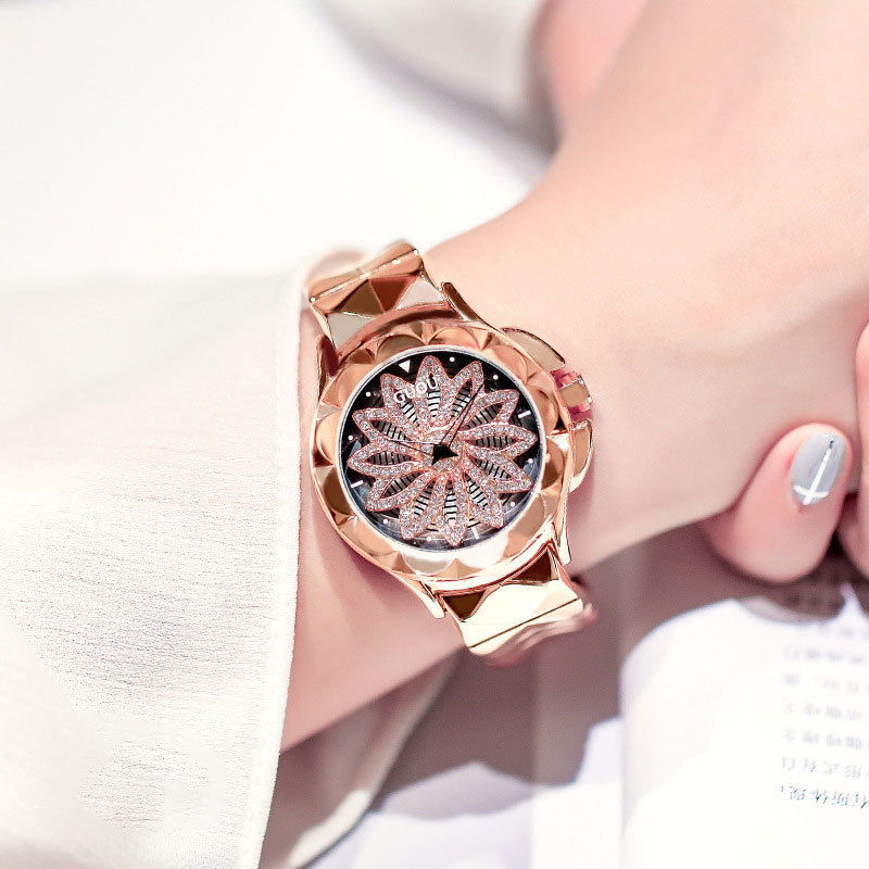 GUOU Luxury Rhinestones Rose Dial Fashion Watches with Leather Band New Quartz Wristwatches for Women