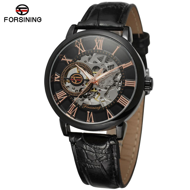 Forsining 8099 automatic watches Design Transparent Genuine Red Black Belt Top Brand Luxury Clock Skeleton Men Automatic Watches