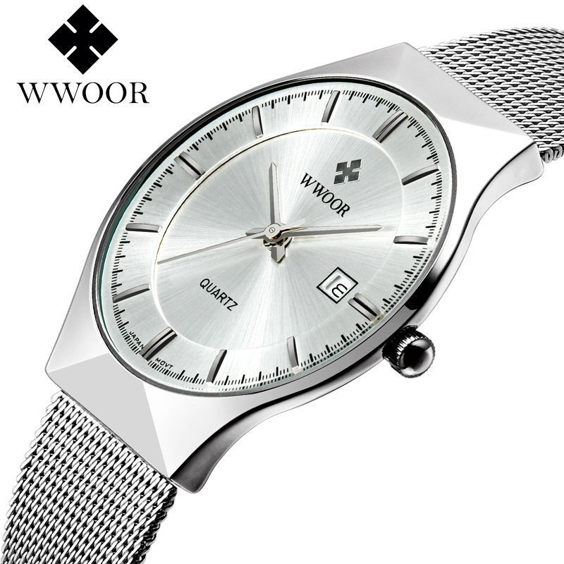 WWOOR Men Watches 8016 luxury brand watch men Fashion sports quartz-watch stainless steel mesh strap ultra thin dial date clock