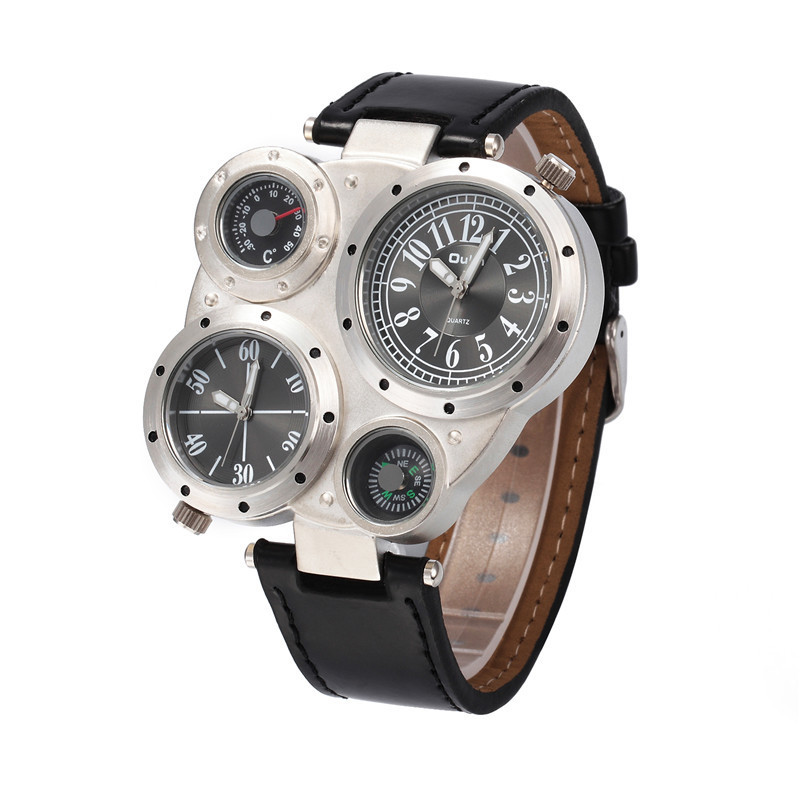 Oulm 9415 Brand Trendy Design Fashion Men Double Time Zone WristWatch Leather Band Compass Thermometer decoration Watch