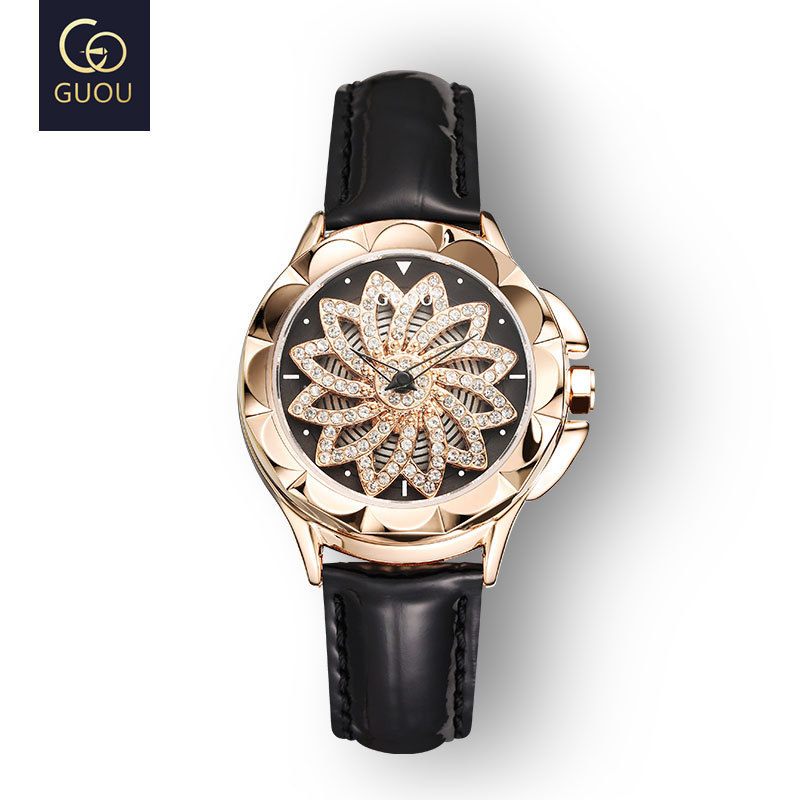 GUOU Luxury Rhinestones Rose Dial Fashion Watches with Leather Band New Quartz Wristwatches for Women