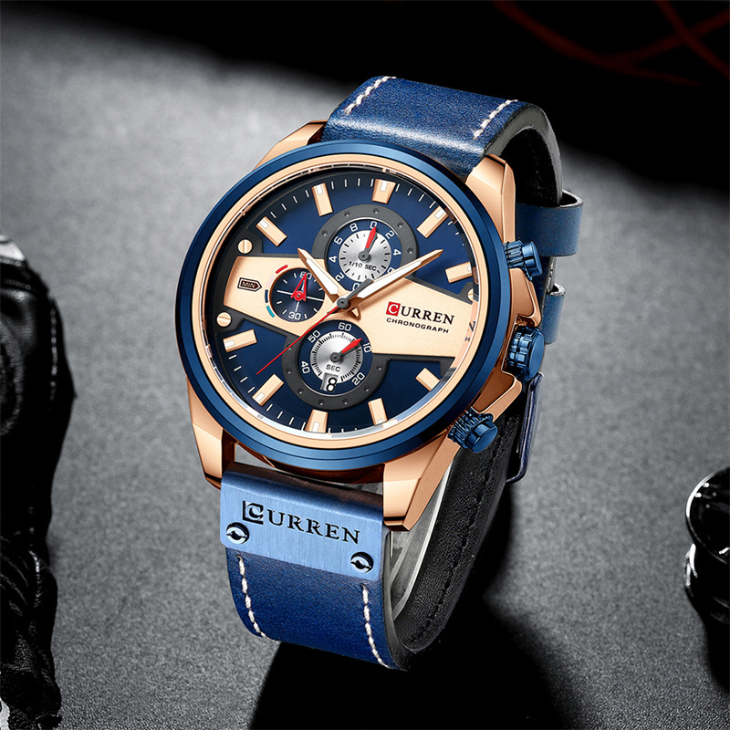 CURREN 8394 Men Watches Fashion Casual Quartz Sporty Wristwatches 2024 Blue Clock Male Chronograph Leather Watch man