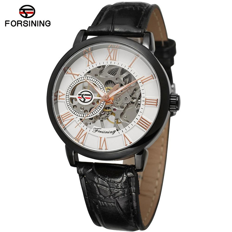 Forsining 8099 automatic watches Design Transparent Genuine Red Black Belt Top Brand Luxury Clock Skeleton Men Automatic Watches