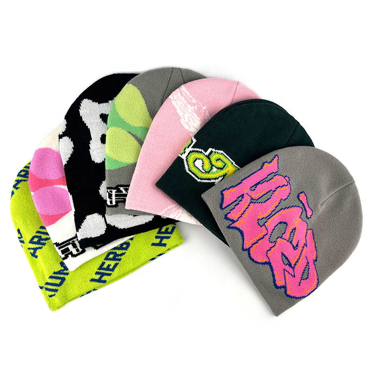 Custom Logo Graphic Design Photo Print Jacquard Woven Knit Unisex Streetwear Cuffless Skull Hat Reversible Beanie acrylic beanie