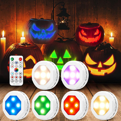 TAIKOO LED Puck Under Cabinet Light Remote Control Battery Operated RGB LED Pumpkin Lights with Timer for Halloween