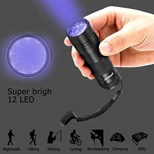 Taikoo 12 Led powerfull ultraviolet black light torch portable aluminum alloy 395nm detectors uv led flashlight 365nm