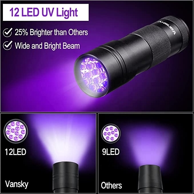 Taikoo 12 Led powerfull ultraviolet black light torch portable aluminum alloy 395nm detectors uv led flashlight 365nm