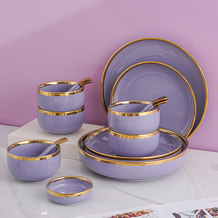 Scandinavian Light Luxury Dish Set Creative Gold Rimmed Purple Ceramic Tableware Set