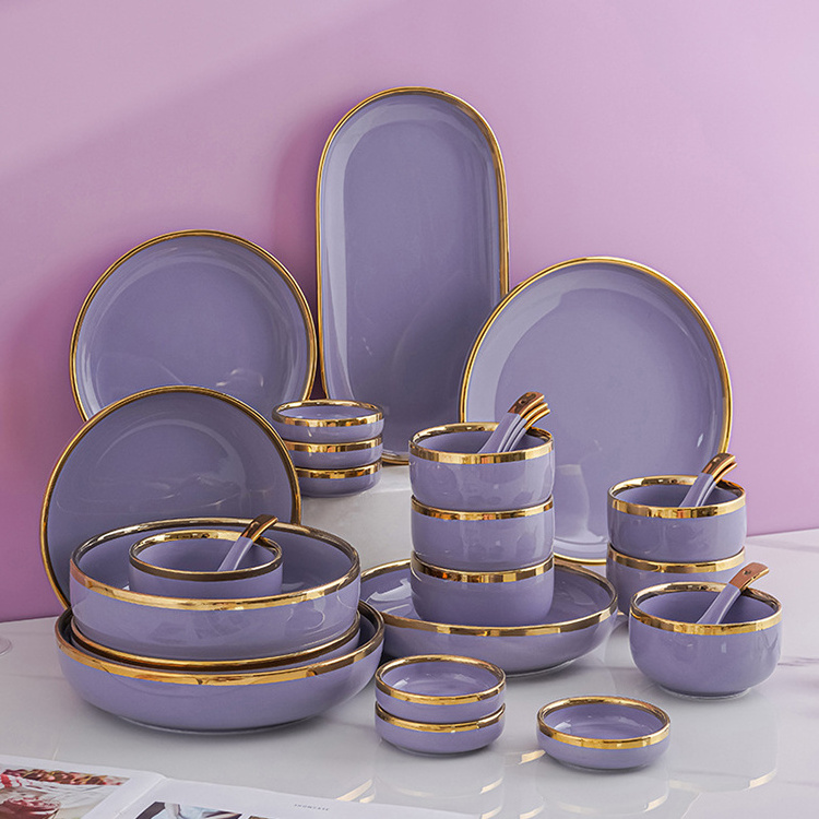 Scandinavian Light Luxury Dish Set Creative Gold Rimmed Purple Ceramic Tableware Set