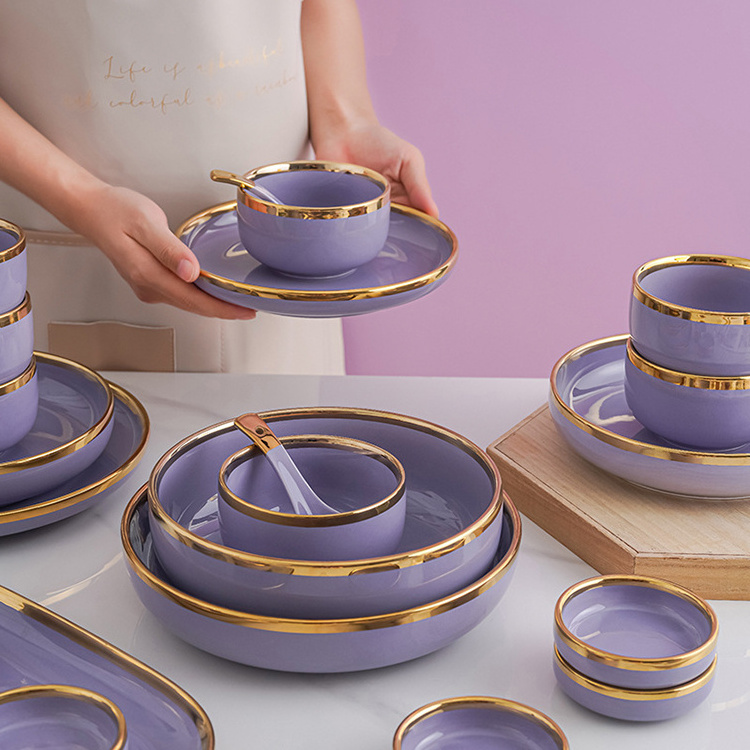 Scandinavian Light Luxury Dish Set Creative Gold Rimmed Purple Ceramic Tableware Set