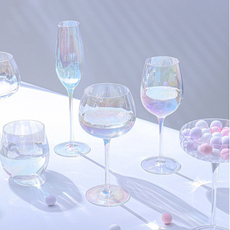 Wine Glass Set Glass Light Rainbow Champagne Tall Glass Plated Crystal Wine Set Luxury Home Carton Party Drinking Glasses CN;FUJ