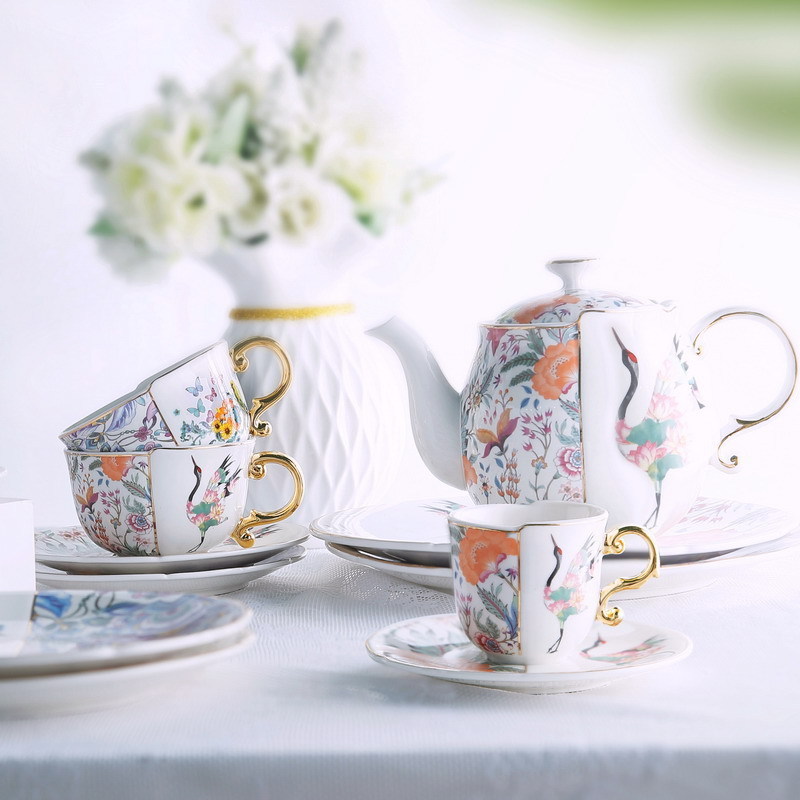 Ceramic Porcelain Tea and Coffee Set with Retro Design 1 Pot and 2 Cups with Gold Rim Irregular Shape