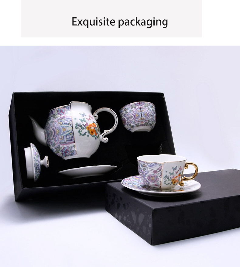 Ceramic Porcelain Tea and Coffee Set with Retro Design 1 Pot and 2 Cups with Gold Rim Irregular Shape