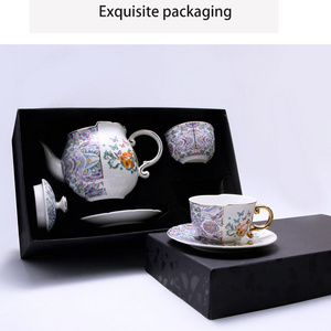 Ceramic Porcelain Tea and Coffee Set with Retro Design 1 Pot and 2 Cups with Gold Rim Irregular Shape