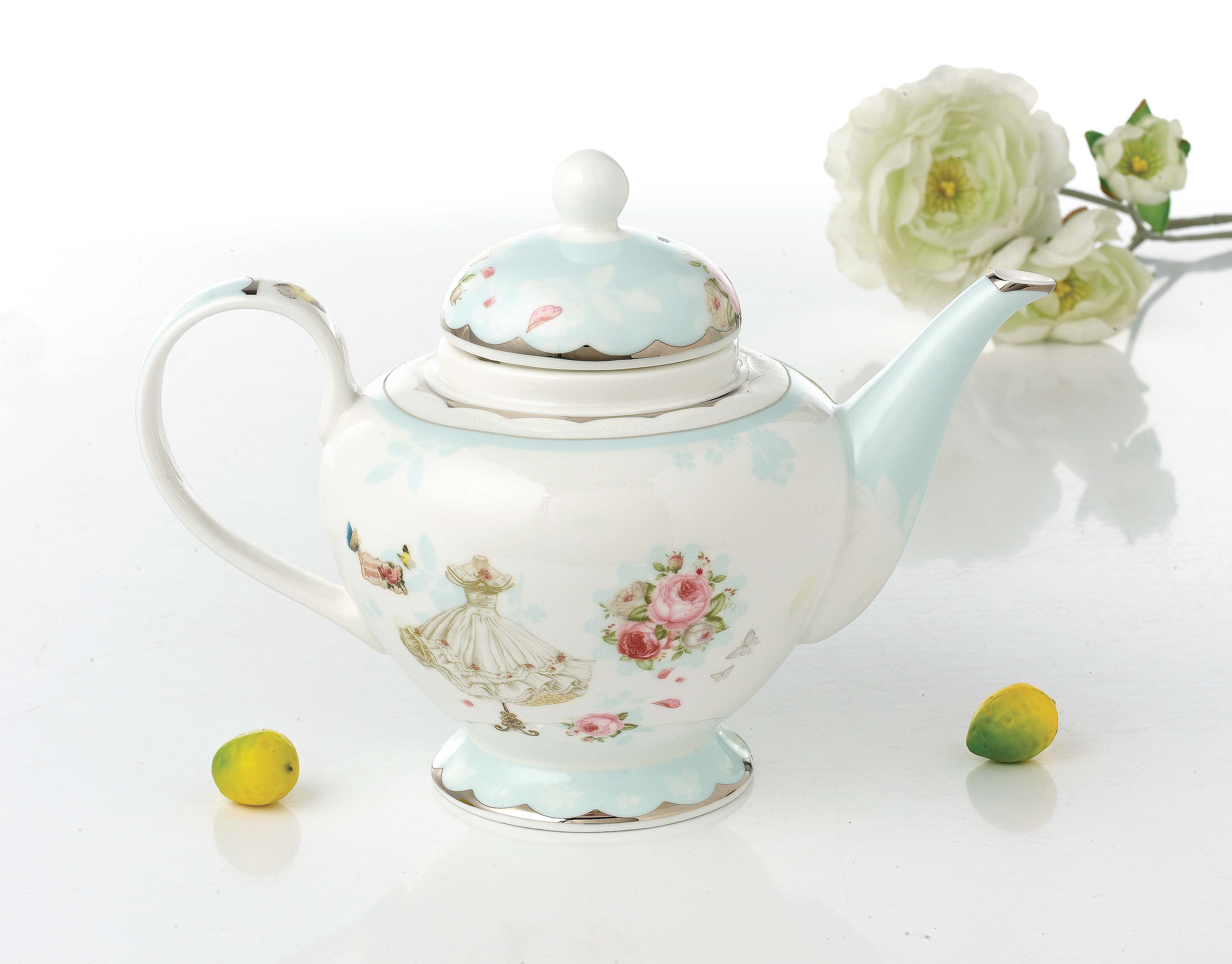 Modern bone china teapot with silver rim design porcelain tea kettle