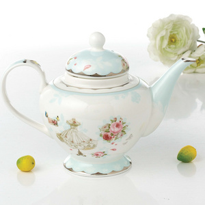 Modern bone china teapot with silver rim design porcelain tea kettle