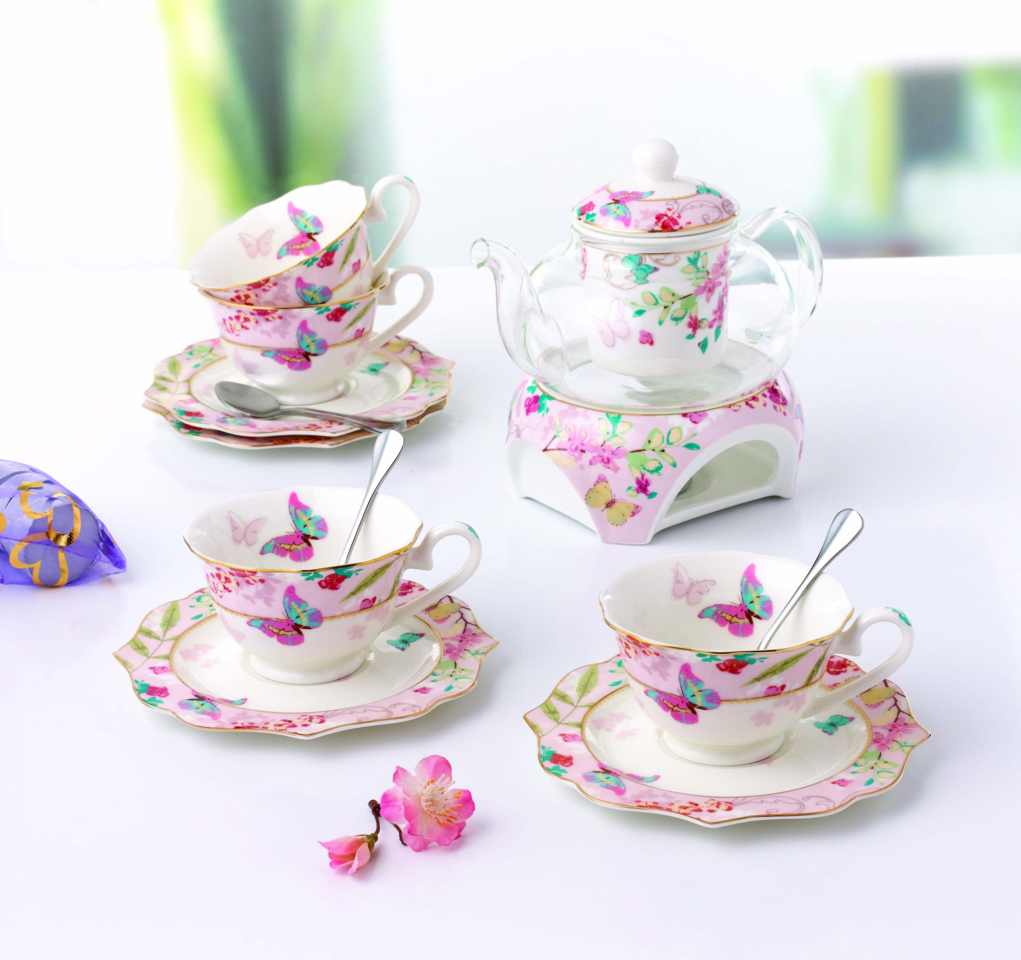 wholesale tea set with glass teapot with warmer 15PCS TEA SET (4PCS TEA CUP AND SAUCER&4SPOON &GLASS TEA POT WITH WARMER)