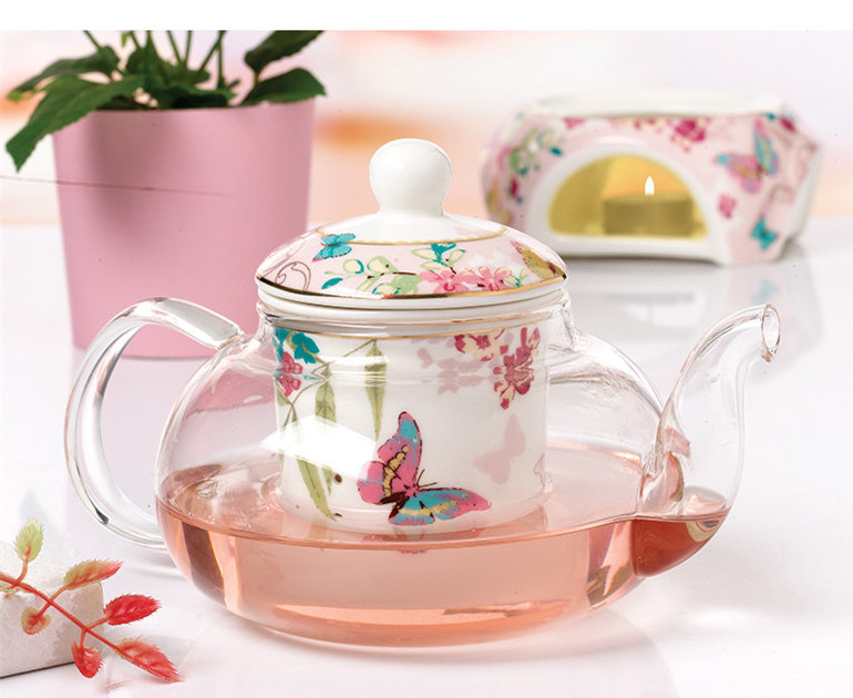 Modern good selling fine romantic floral teapot with glass teapot and warmer filter teapot