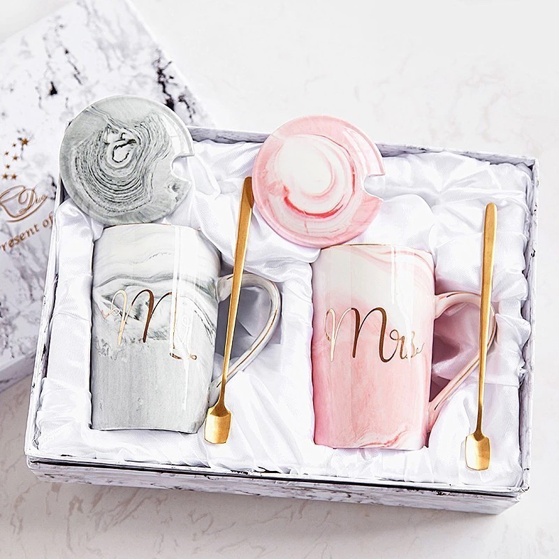 High Quality Marble Flamingo Ceramic Coffee Breakfast Milk Cup Festival Gift Cup Couple Mug Set-Grey and Pink