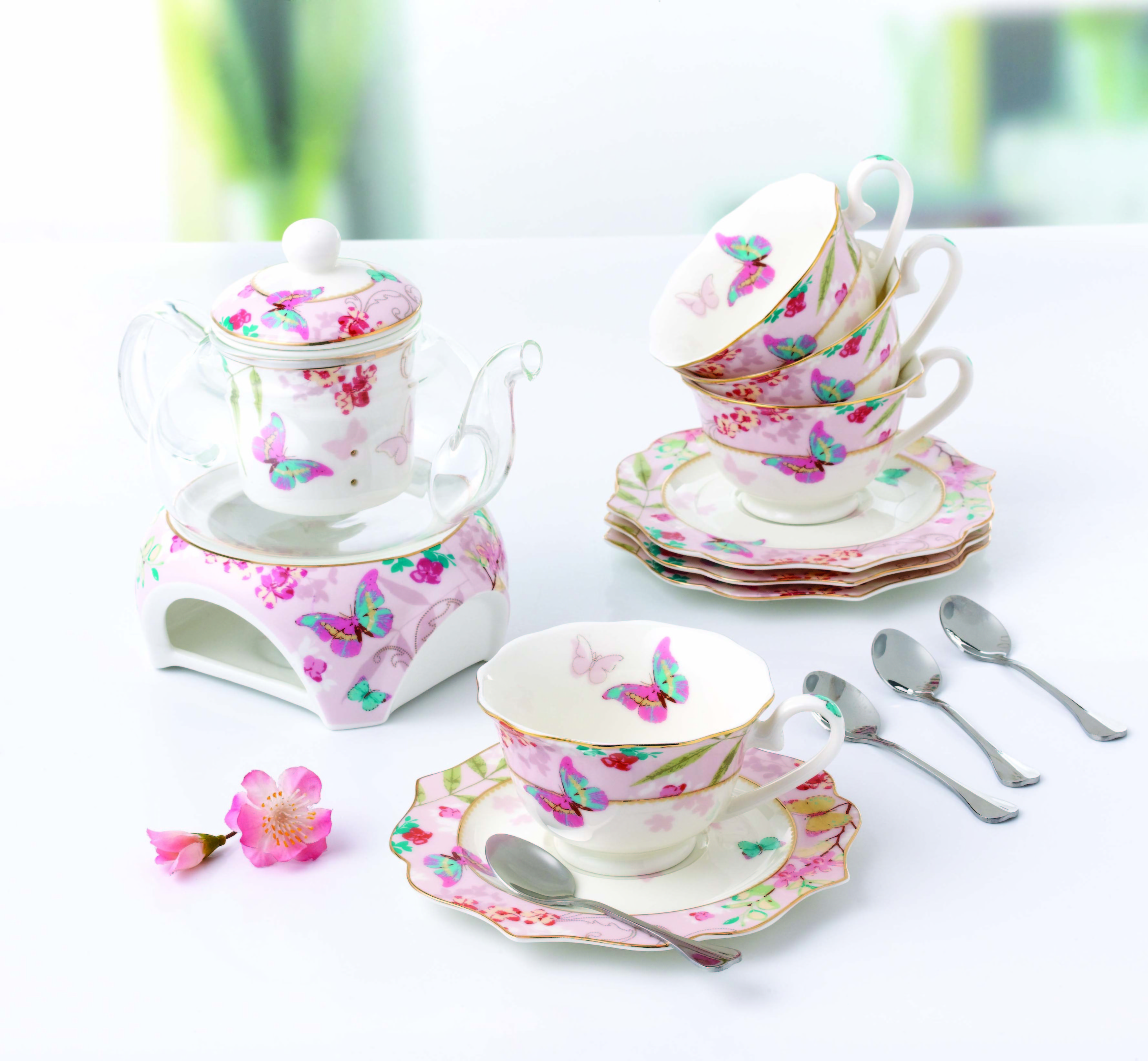 wholesale tea set with glass teapot with warmer 15PCS TEA SET (4PCS TEA CUP AND SAUCER&4SPOON &GLASS TEA POT WITH WARMER)