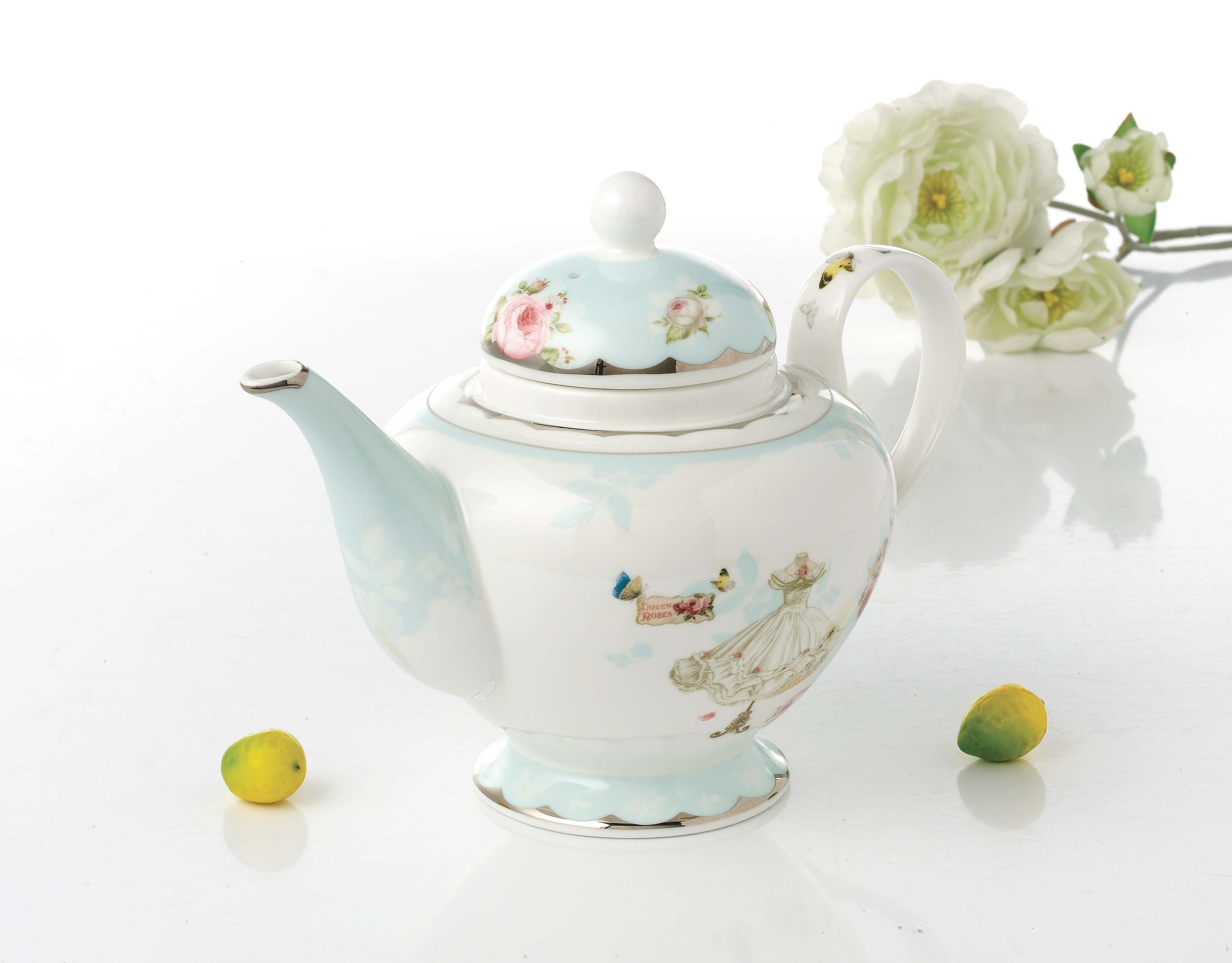 Modern bone china teapot with silver rim design porcelain tea kettle