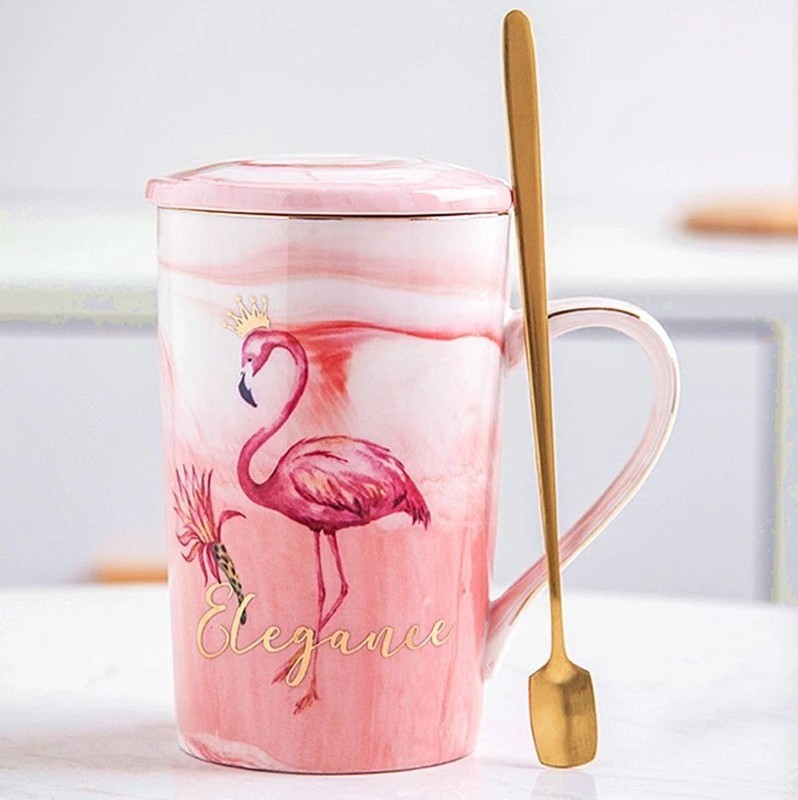 High Quality Marble Flamingo Ceramic Coffee Breakfast Milk Cup Festival Gift Cup Couple Mug Set-Grey and Pink