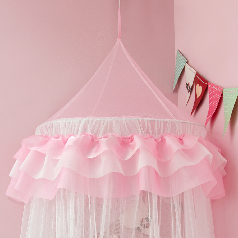 Baby mosquito net kids bed canopy pink and white lace top