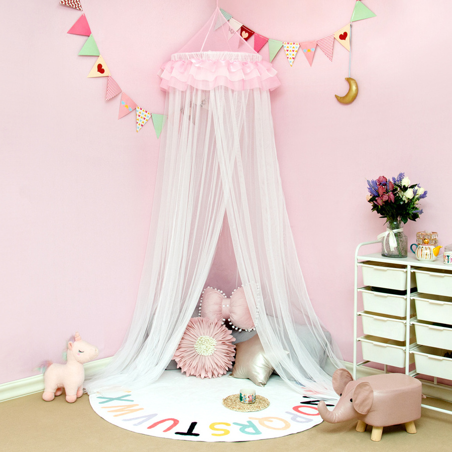 Baby mosquito net kids bed canopy pink and white lace top