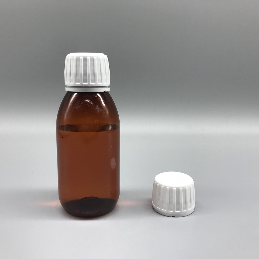 Unique empty PET alpha amber 4oz 120ml plastic amber cough syrup bottle with anti-tamper proof cap