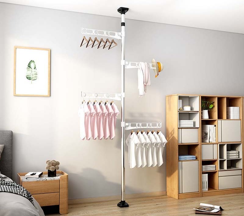 Factory Simple Adjustable Metal Coat Racks Drying On Balcony Punch-free Standing Clothes Storage Hanger with Telescopic Rod