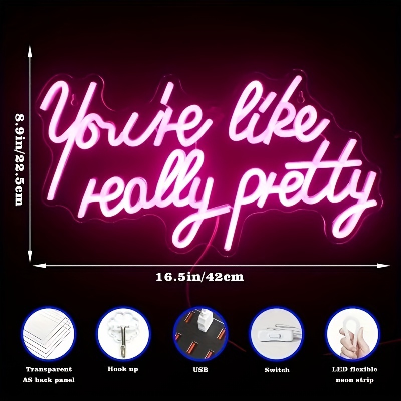 1 pc You're Like Really Pretty Neon Signs,Pink USB Powered Led Neon Light for Wall Decor Wedding Bedroom,Home Wall Decor