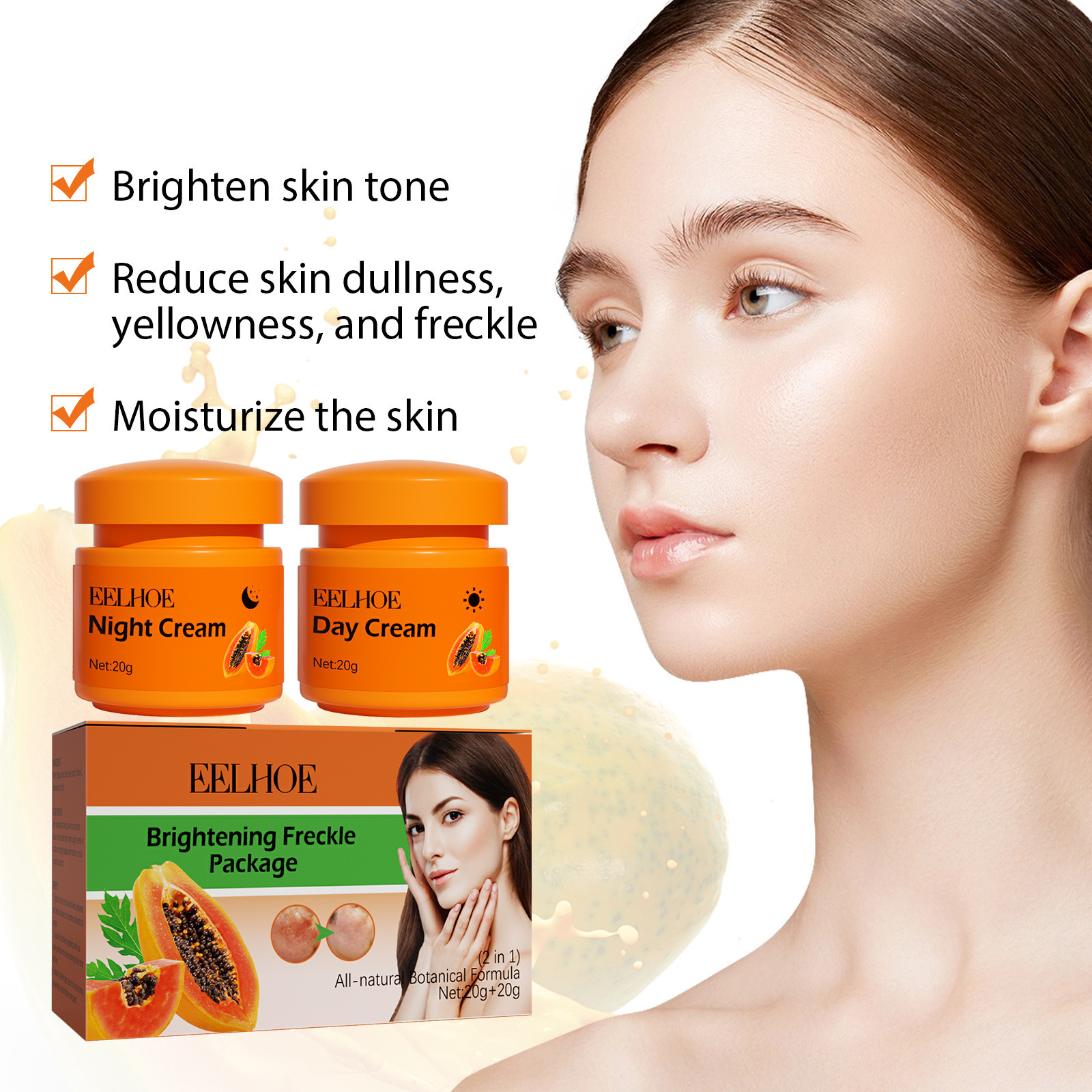 EELHOE papaya whitening freckles facial cream fade dark spots brighten and moisturize skin morning and evening cream 20g * 2