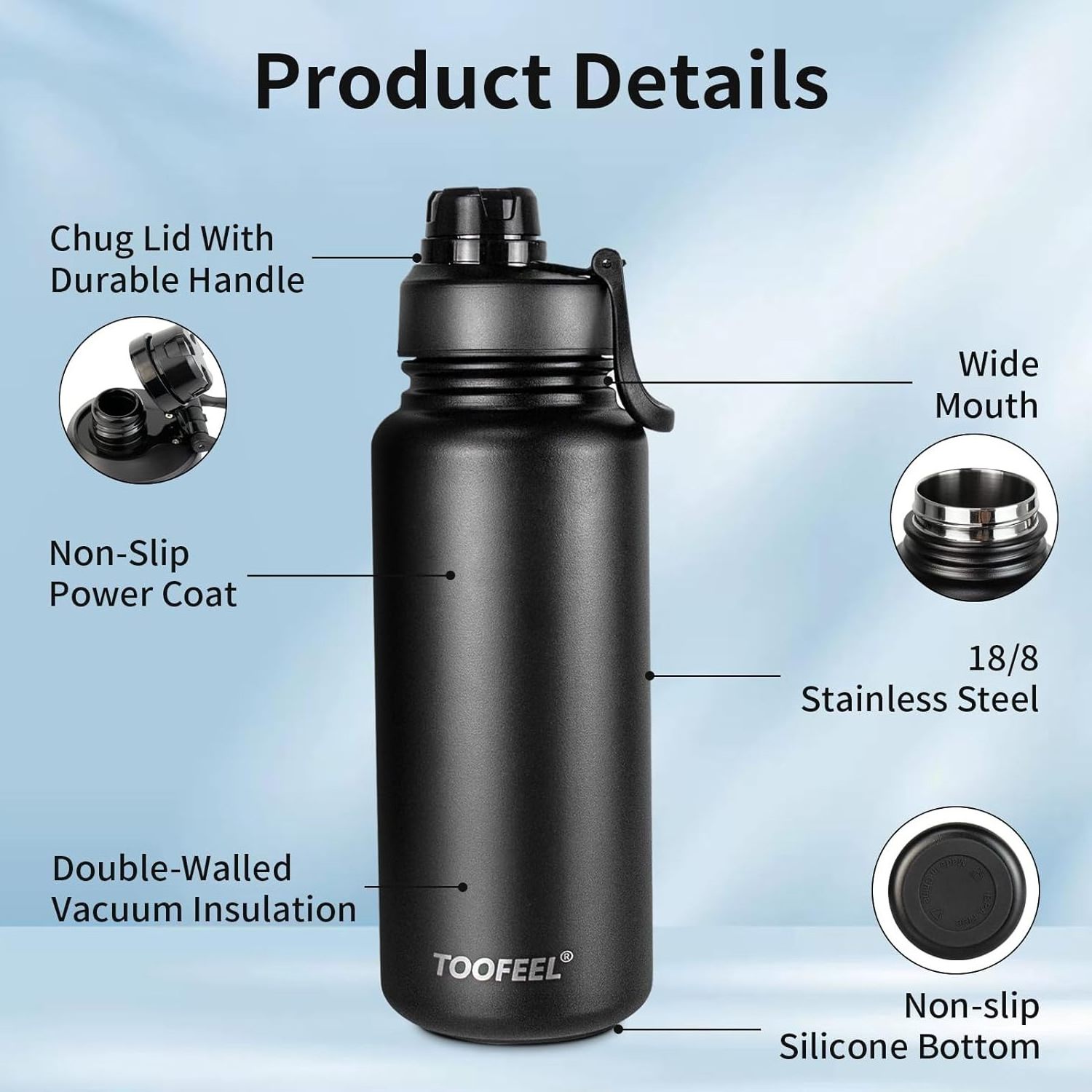 Toofeel 32 oz Insulated Water Jug Double Walled Stainless Steel Vacuum Thermos Flask Leak Proof Cold Drink Bottle with Chug Lid