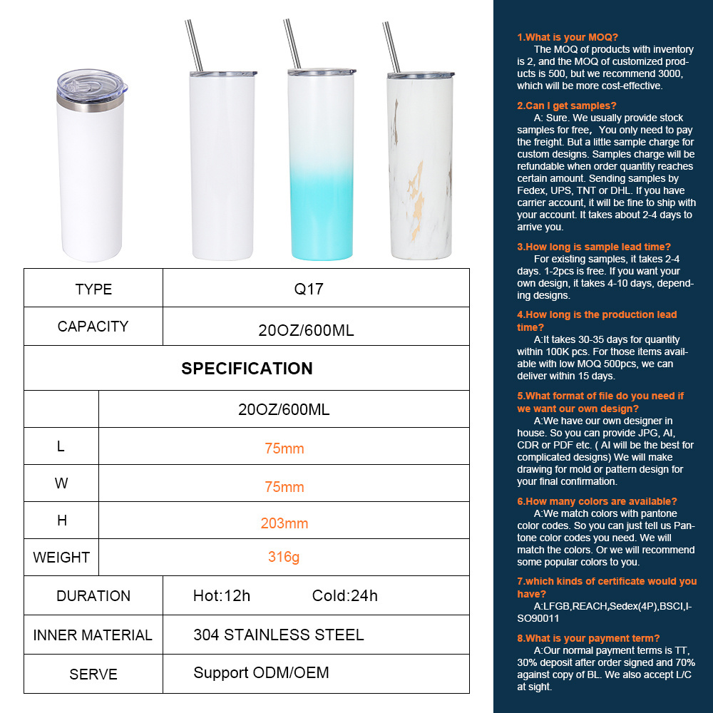 Wholesale 20oz  Sublimation Blanks Straight Tumbler Double Wall Stainless Steel Tumbler Cups In Bulk