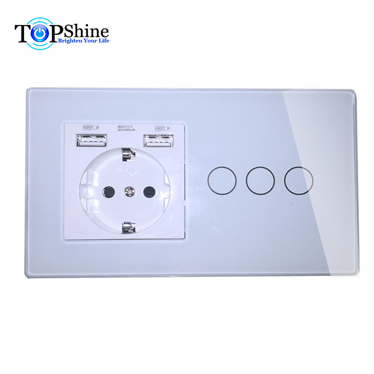 Topshine 147 type modularized smart touch switches and EU 16A power socket with dual USB outlet