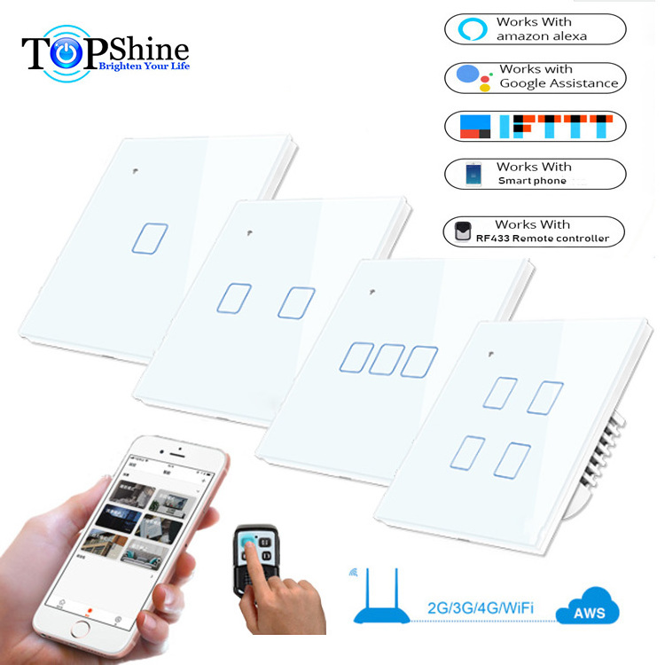 Topshine alexa enabled EU UK 1 2 3  4 gang bound glass panel rf wifi remote control light power touch switch