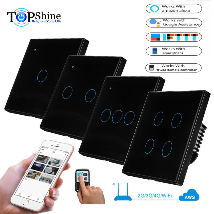 Topshine Luxury Tuya and smart life APP EU UK 1 2 3  4 gang 2 way smart wifi rf touch switch with single live line wiring