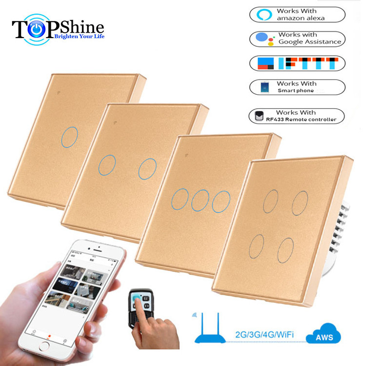 Topshine Luxury Tuya and smart life APP EU UK 1 2 3  4 gang 2 way smart wifi rf touch switch with single live line wiring