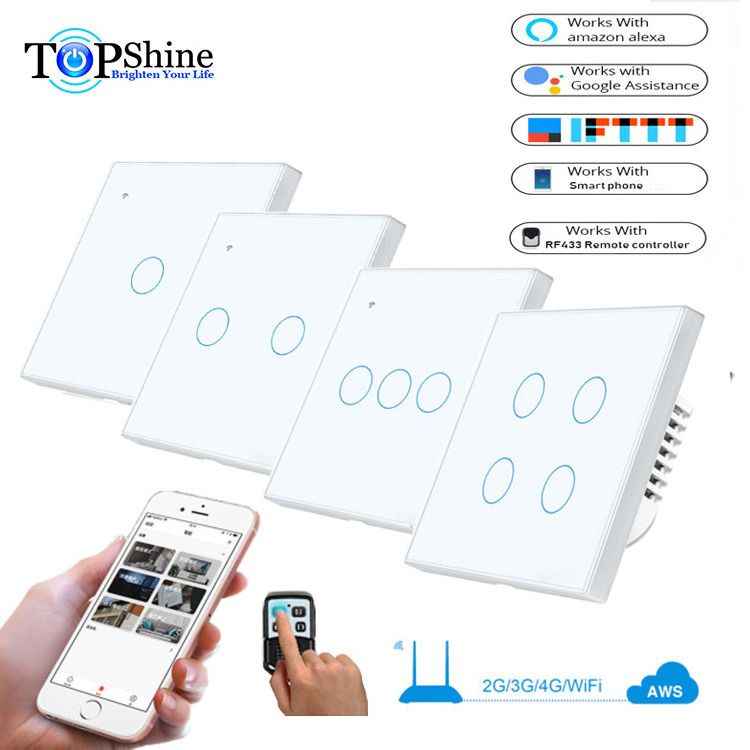 Topshine Luxury Tuya and smart life APP EU UK 1 2 3  4 gang 2 way smart wifi rf touch switch with single live line wiring