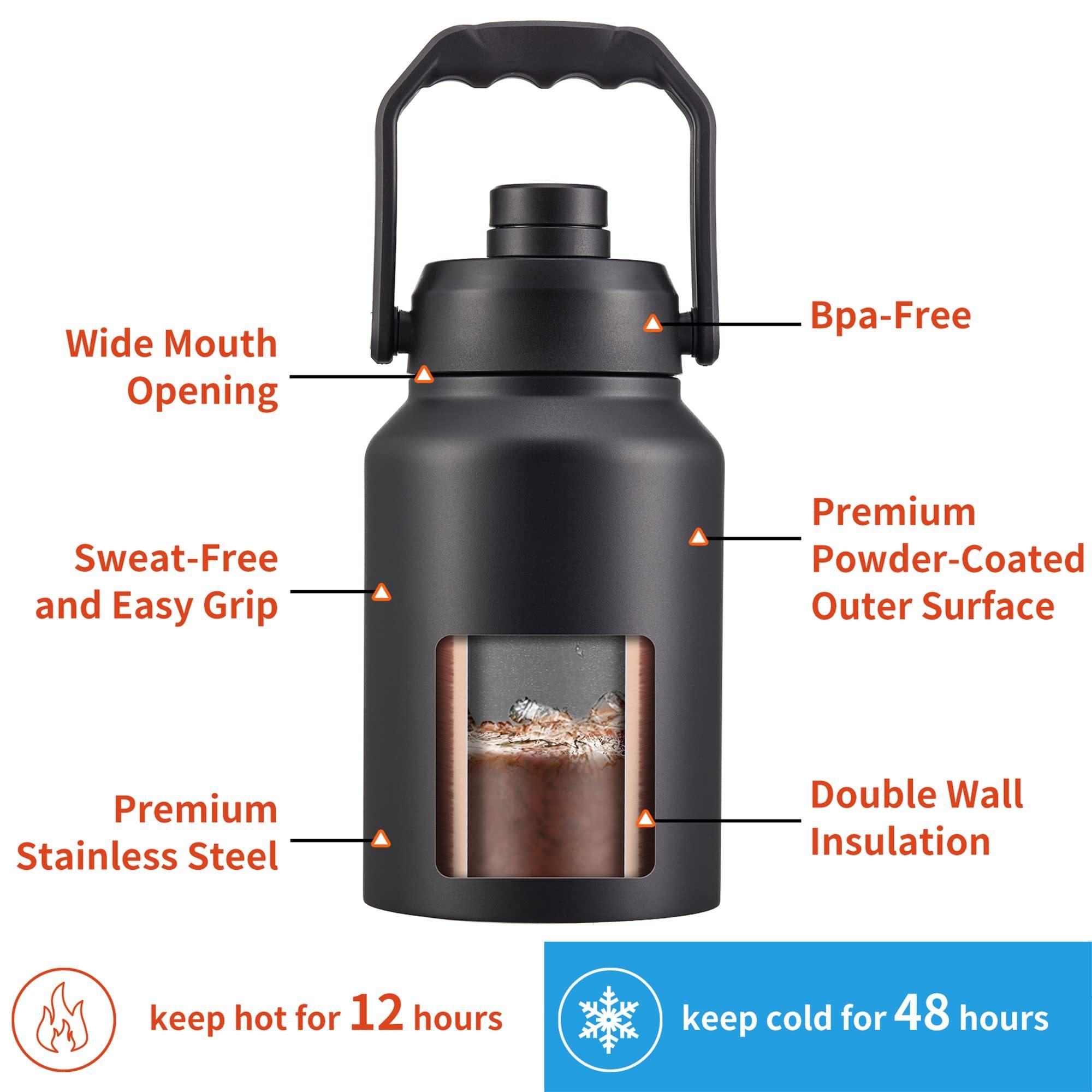 Personalized Black 64Oz 128Oz Travel Sport Stainless Steel Vacuum Sealed Large Water Bottle With Handle