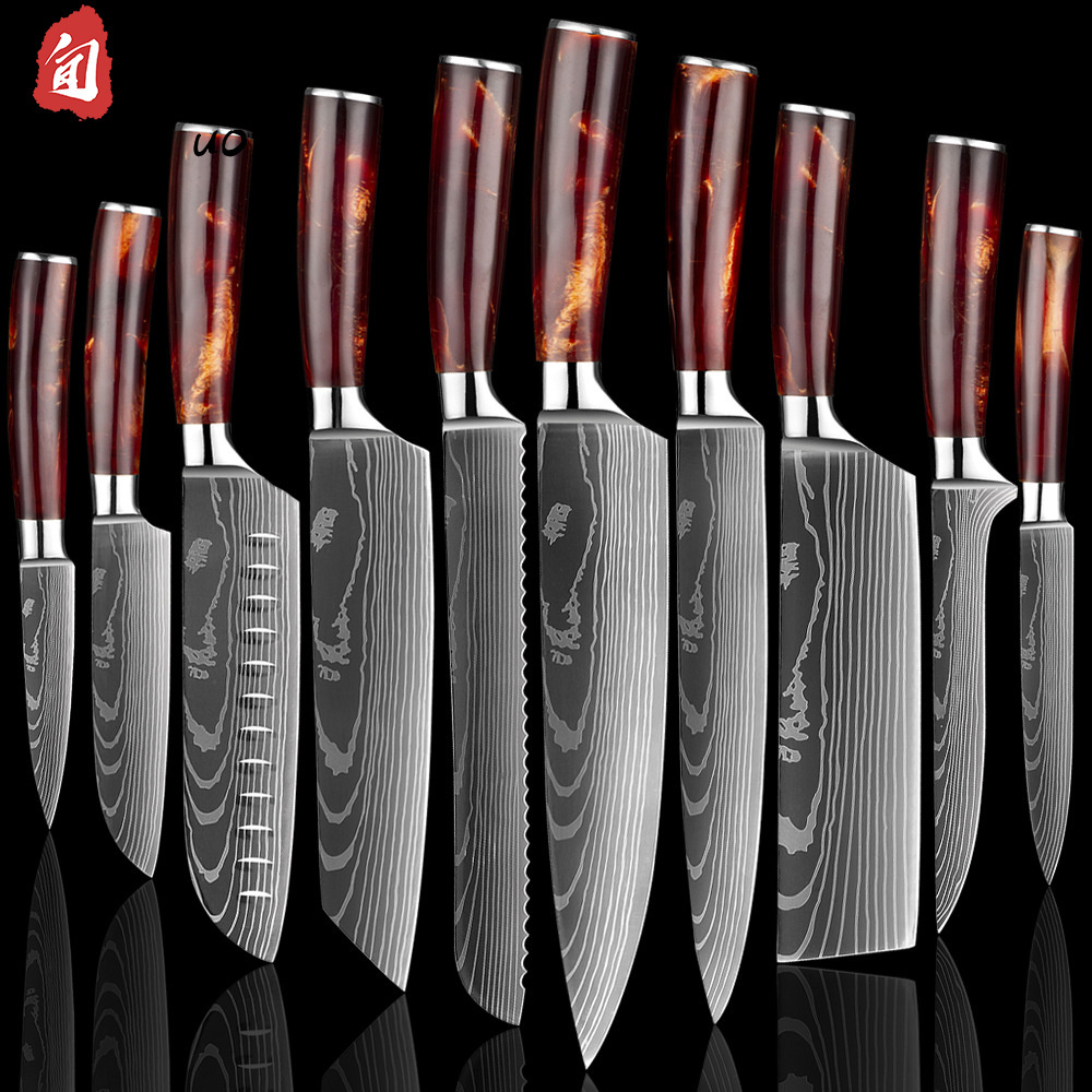 custom 10 pcs sharp wooden german stainless steel japanese 67 layer damascus steak santok chef modern knives kitchen knife set