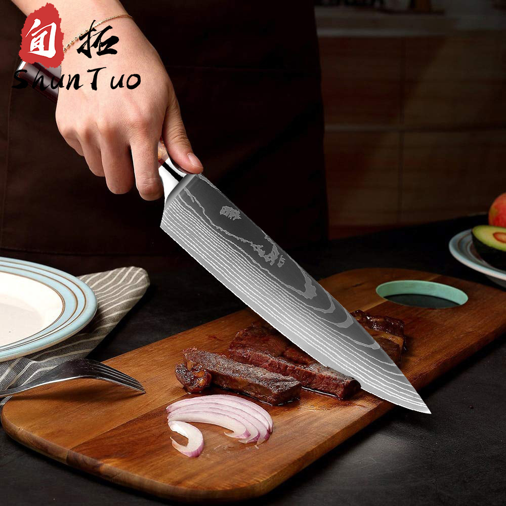 custom 10 pcs sharp wooden german stainless steel japanese 67 layer damascus steak santok chef modern knives kitchen knife set