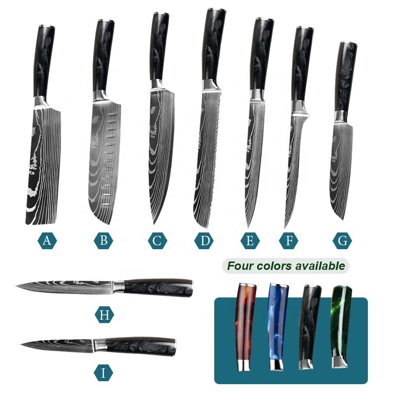 Cheap wholesale laser damascus chef cuchillo carnicero cuisinart stainless steel meat boning kitchen knife set with block