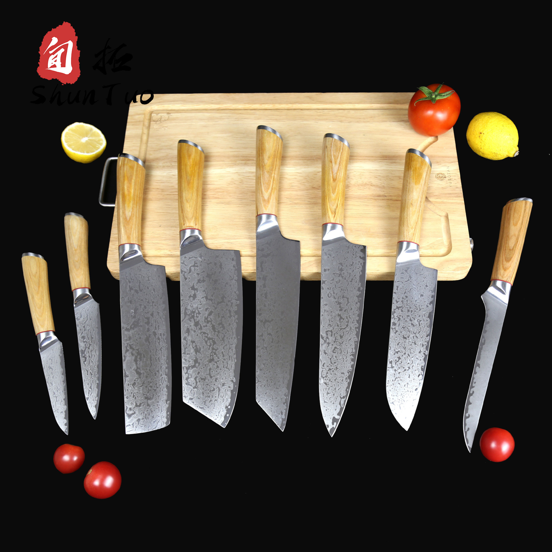 japanese box block 8 pcs serrated blue steak knives stainless steel damascus cutlery knife sets for restaurant kitchens